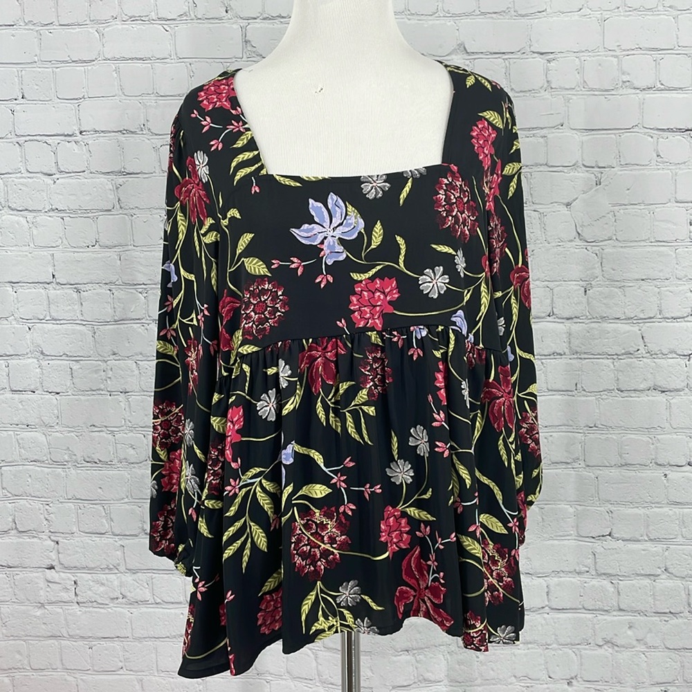 DOLAN Anthropologie Botanical Plants Flowers Square Neck Long Sleeve M Top